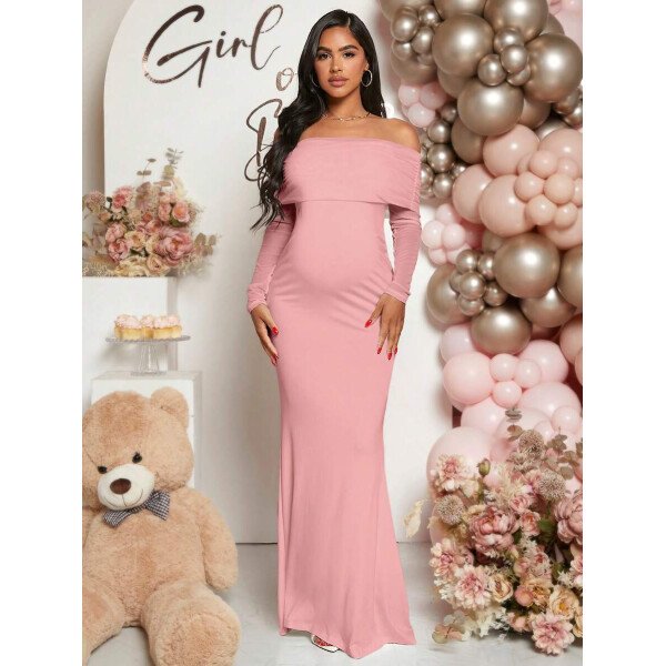 Vestido de maternidad de unicolor con hombros descubiertos, para baby shower - Imagen 17