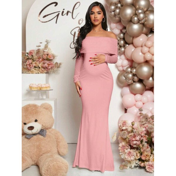 Vestido de maternidad de unicolor con hombros descubiertos, para baby shower - Imagen 18