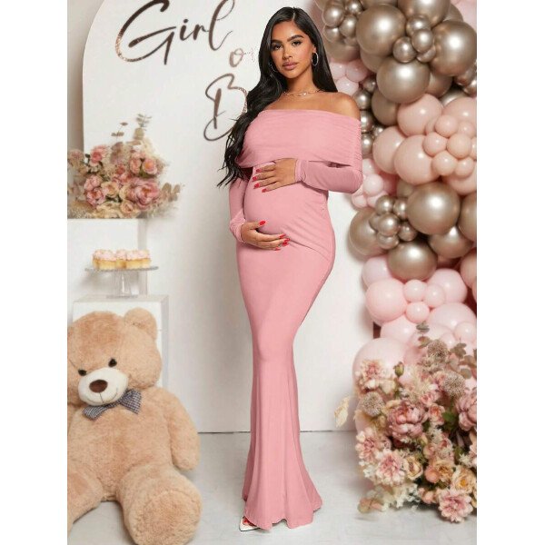 Vestido de maternidad de unicolor con hombros descubiertos, para baby shower - Imagen 19
