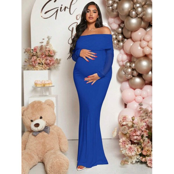 Vestido de maternidad de unicolor con hombros descubiertos, para baby shower - Imagen 22