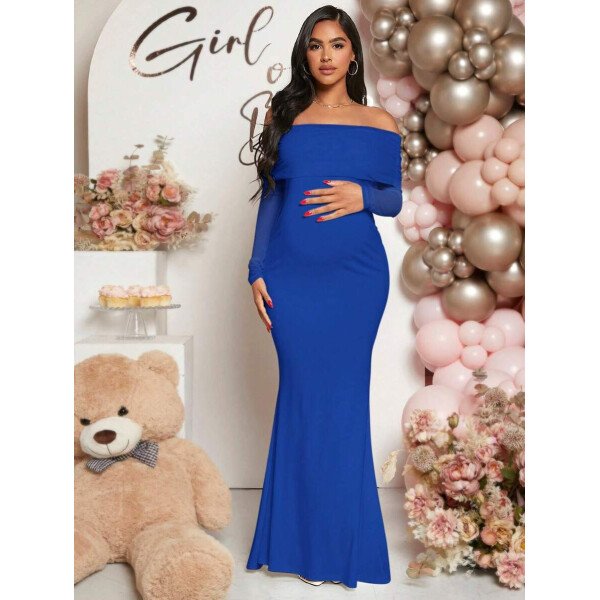 Vestido de maternidad de unicolor con hombros descubiertos, para baby shower - Imagen 25