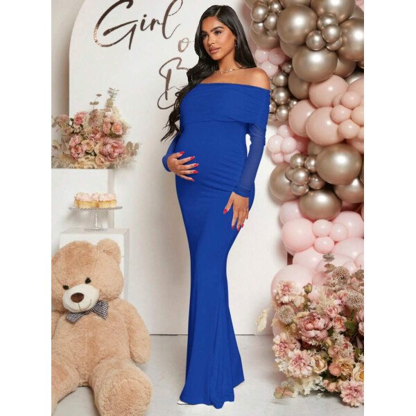 Vestido de maternidad de unicolor con hombros descubiertos, para baby shower - Imagen 27