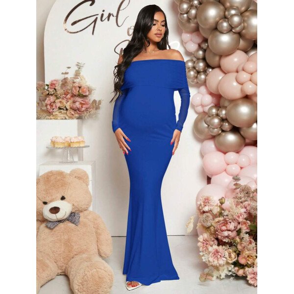 Vestido de maternidad de unicolor con hombros descubiertos, para baby shower - Imagen 28