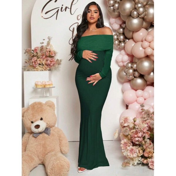 Vestido de maternidad de unicolor con hombros descubiertos, para baby shower - Imagen 29