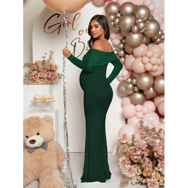 Vestido de maternidad de unicolor con hombros descubiertos, para baby shower - Imagen 30