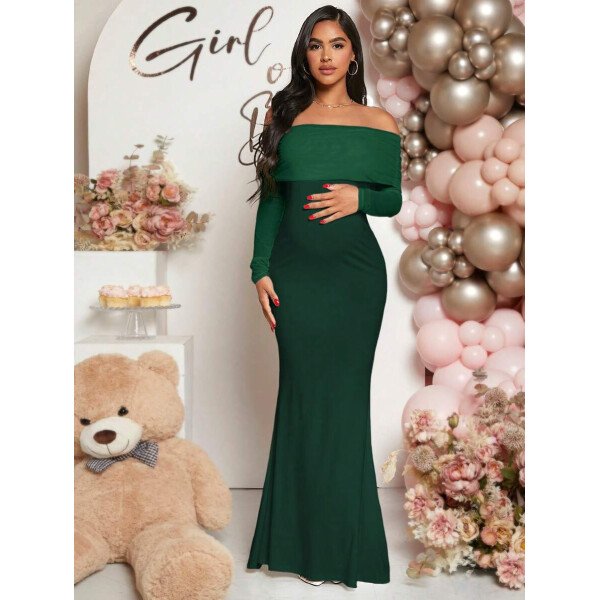 Vestido de maternidad de unicolor con hombros descubiertos, para baby shower - Imagen 33