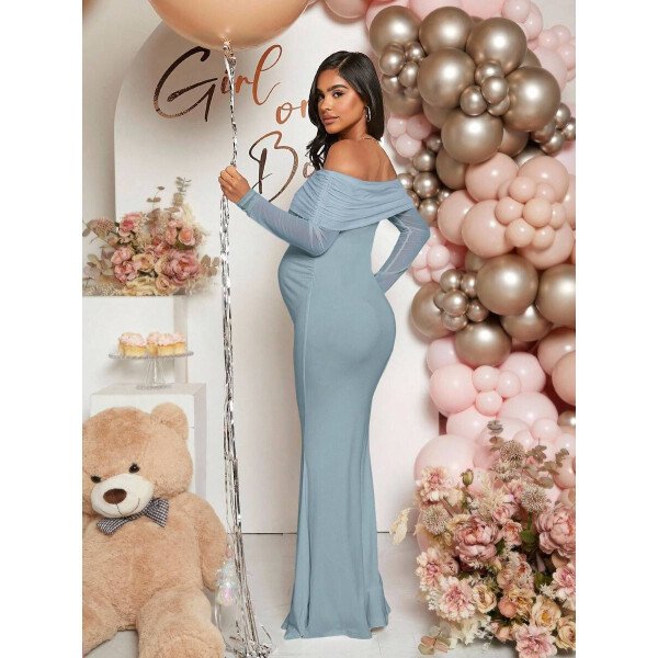 Vestido de maternidad de unicolor con hombros descubiertos, para baby shower - Imagen 37