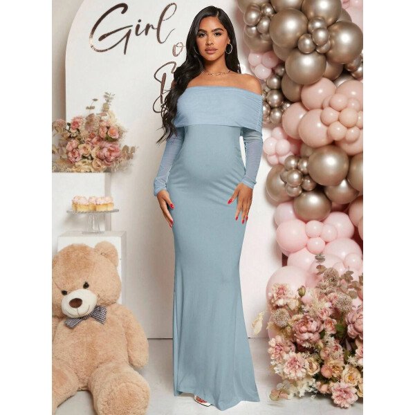 Vestido de maternidad de unicolor con hombros descubiertos, para baby shower - Imagen 38
