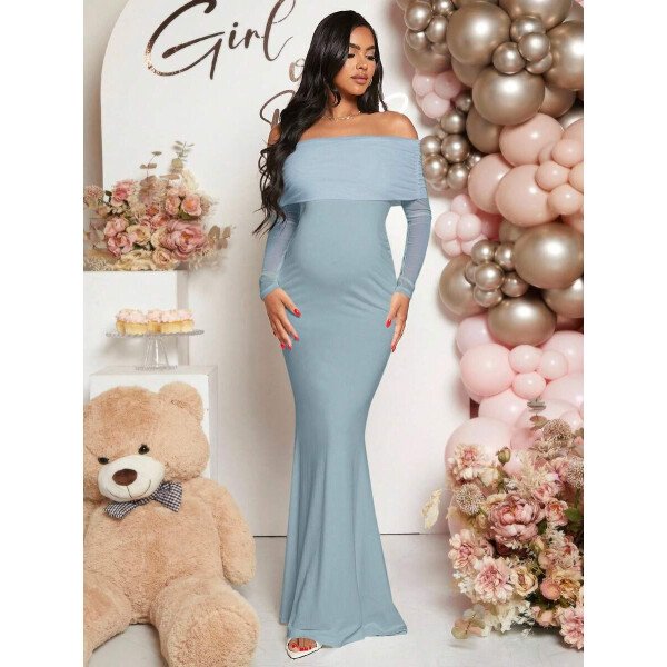 Vestido de maternidad de unicolor con hombros descubiertos, para baby shower - Imagen 40