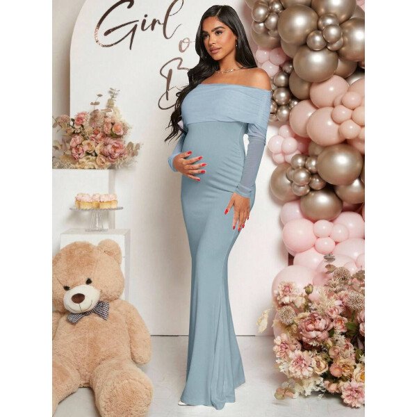 Vestido de maternidad de unicolor con hombros descubiertos, para baby shower - Imagen 41