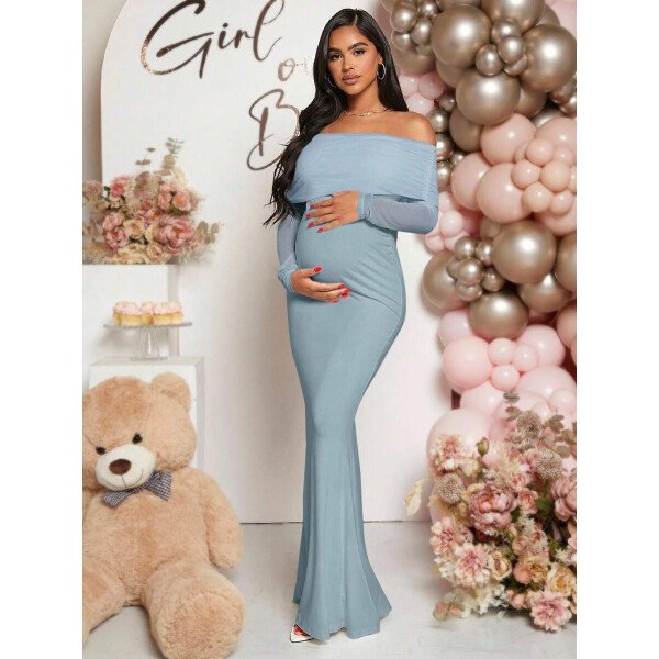 Vestido de maternidad de unicolor con hombros descubiertos, para baby shower - Imagen 42