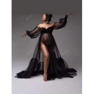 Vestido de malla con lunares transparente y manga farol para maternidad con aberturas laterales sexy estilo vestido lencero para sesión de fotos