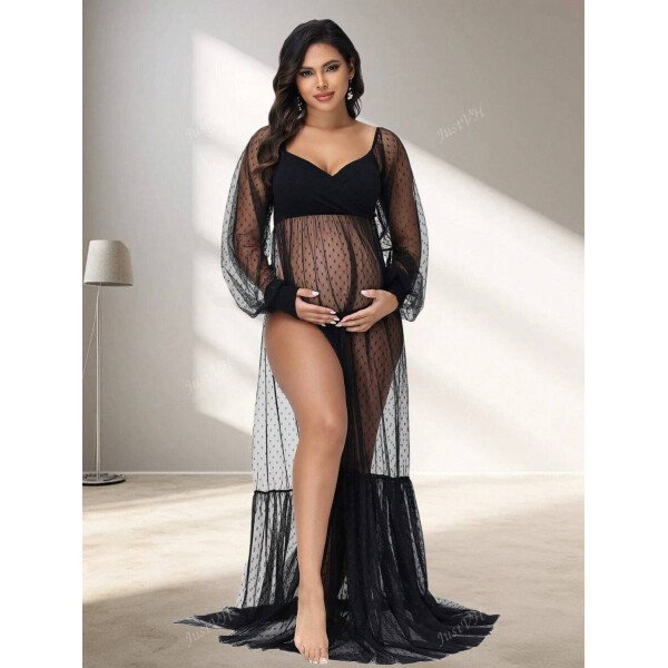 Vestido de malla con lunares transparente y manga farol para maternidad con aberturas laterales sexy estilo vestido lencero para sesión de fotos - Imagen 5