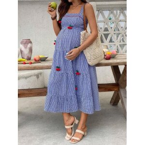 Vestido de embarazo estilo cuadros y cereza con cuello cuadrado y sin mangas, para verano