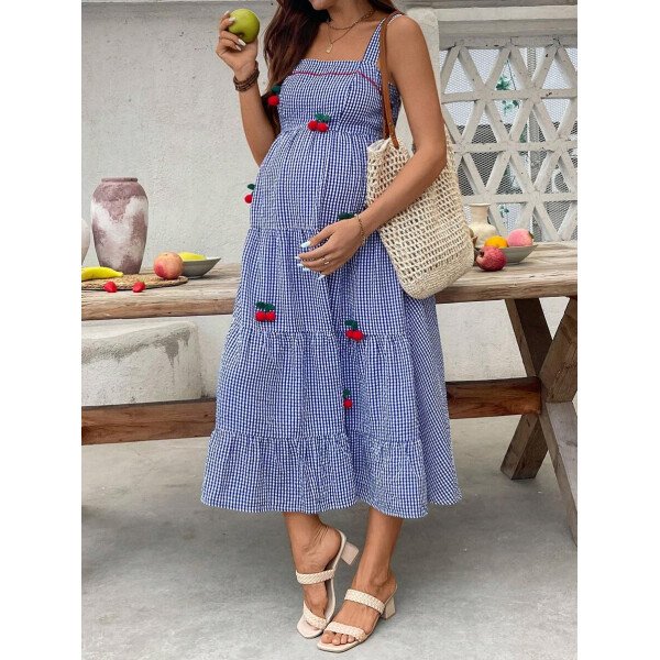 Vestido de embarazo estilo cuadros y cereza con cuello cuadrado y sin mangas, para verano - Imagen 2