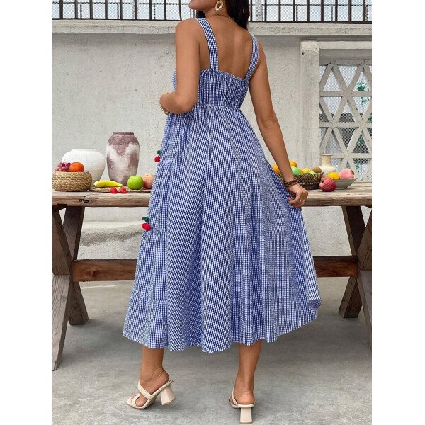 Vestido de embarazo estilo cuadros y cereza con cuello cuadrado y sin mangas, para verano - Imagen 3