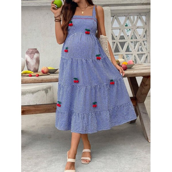 Vestido de embarazo estilo cuadros y cereza con cuello cuadrado y sin mangas, para verano - Imagen 5