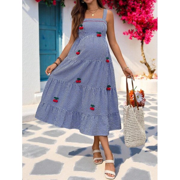 Vestido de embarazo estilo cuadros y cereza con cuello cuadrado y sin mangas, para verano - Imagen 7