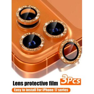 3 piezas Película protectora de lente de cámara para iPhone 17/17 Pro/17 Pro Max/Pro/Promax, Protector de pantalla de vidrio templado 9H con anillo de metal decorativo accesorio (Naranja brillante)