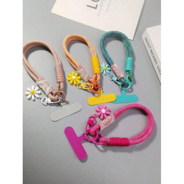 Cordón decorativo con margaritas, cinta de muñeca tejida linda, cordón antiperidida de teléfono unisex, cable de teléfono con clip - Imagen 3