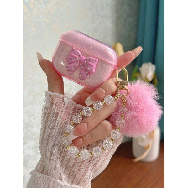 Estuche para auriculares con purpurina transparente de estética de manzana en color rosa bebé - Con strass y lazo | Cadena para auriculares con pompón de flor de hielo y cuentas incluida | Compatible con 1/2/3, Pro 1/2 | A prueba de golpes, anti-arañazos y compatible con carga inalámbrica | Diseño brillante y chispeante, ligero y portátil | Perfecto para uso diario, fiestas e ideas de regalo | Accesorio de estilo para mujeres, niñas y amantes de Apple - Imagen 2