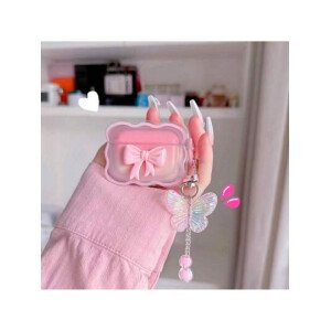 Funda para auriculares con lazo 3D rosa y cadena con mariposa colgante, compatible con Apple 1/2, Pro, 3, Pro 2, 4