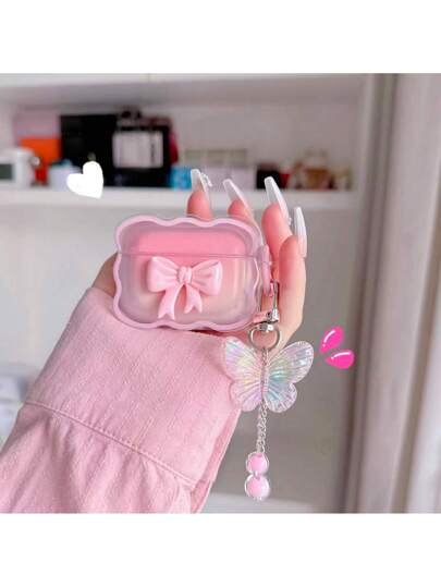 Funda para auriculares con lazo 3D rosa y cadena con mariposa colgante, compatible con Apple 1/2, Pro, 3, Pro 2, 4