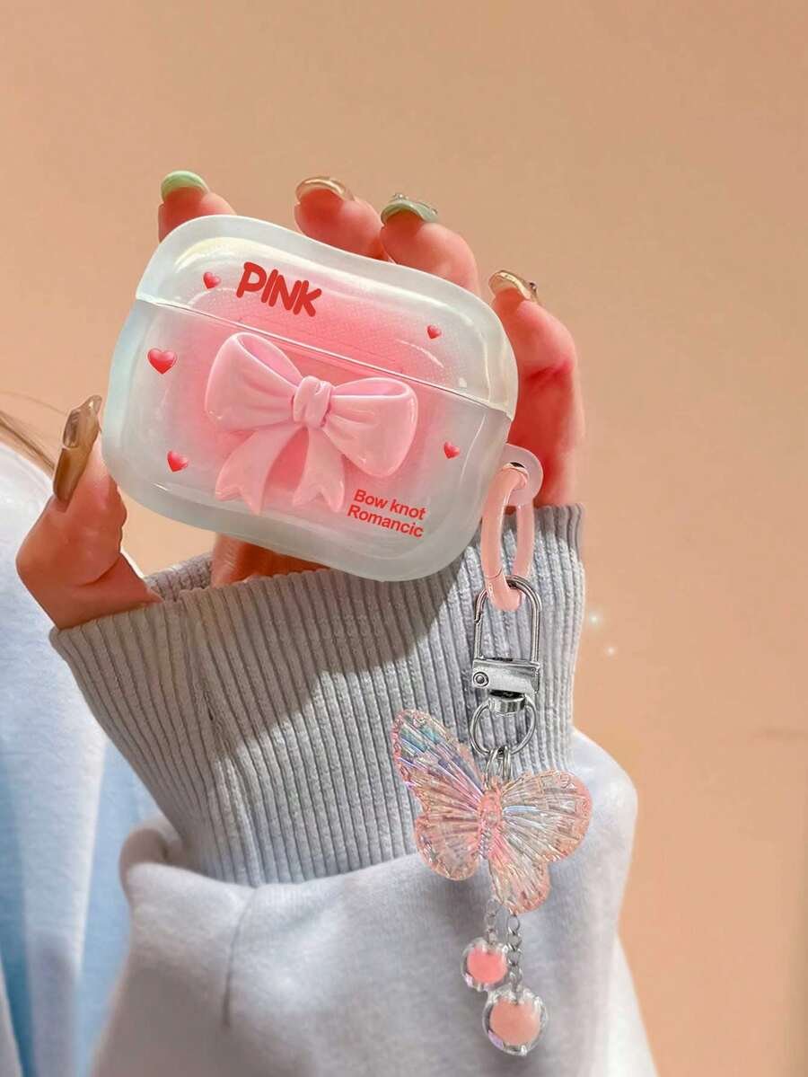 Funda para auriculares con lazo 3D rosa y cadena con mariposa colgante, compatible con Apple 1/2, Pro, 3, Pro 2, 4 - Imagen 4