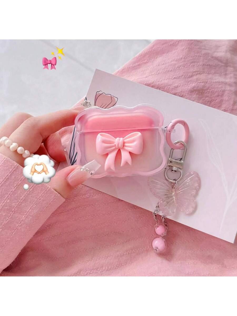 Funda para auriculares con lazo 3D rosa y cadena con mariposa colgante, compatible con Apple 1/2, Pro, 3, Pro 2, 4 - Imagen 7