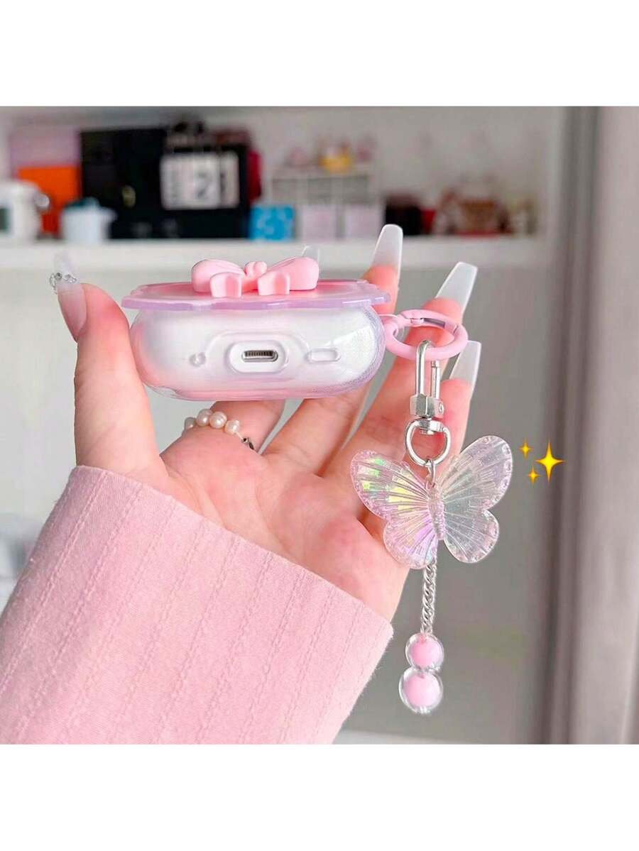Funda para auriculares con lazo 3D rosa y cadena con mariposa colgante, compatible con Apple 1/2, Pro, 3, Pro 2, 4 - Imagen 9
