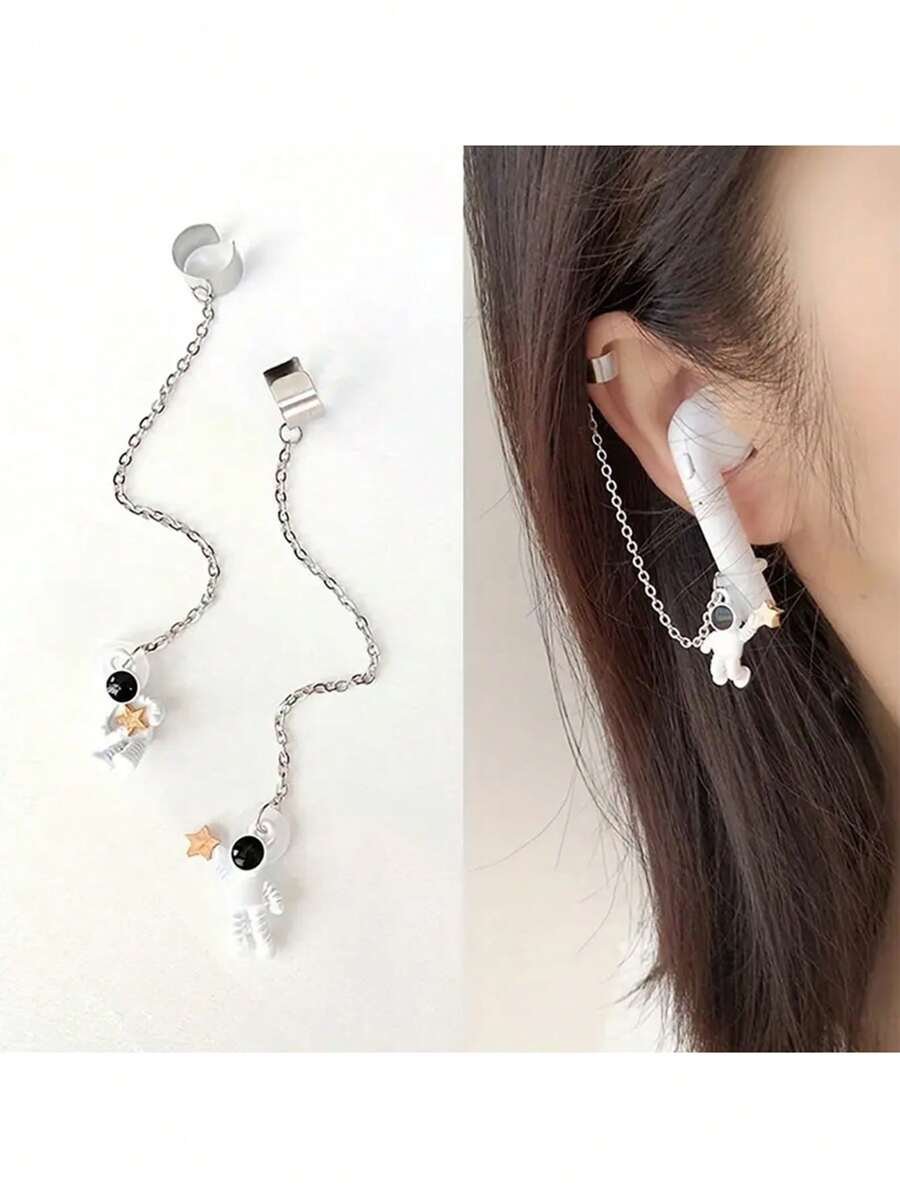 2 piezas de ganchos de oreja con diseño de astronauta a la moda, adecuados para auriculares inalámbricos Bluetooth, con cadenas antiperdidasparalos aretes - Imagen 2