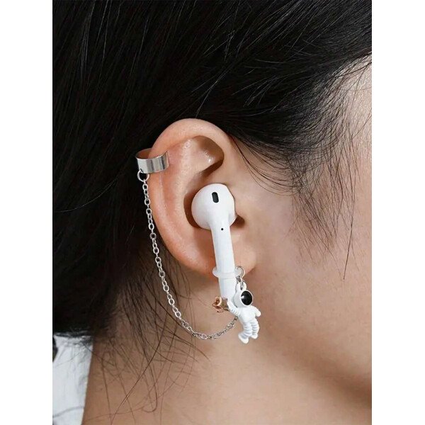 2 piezas de ganchos de oreja con diseño de astronauta a la moda, adecuados para auriculares inalámbricos Bluetooth, con cadenas antiperdidasparalos aretes - Imagen 3