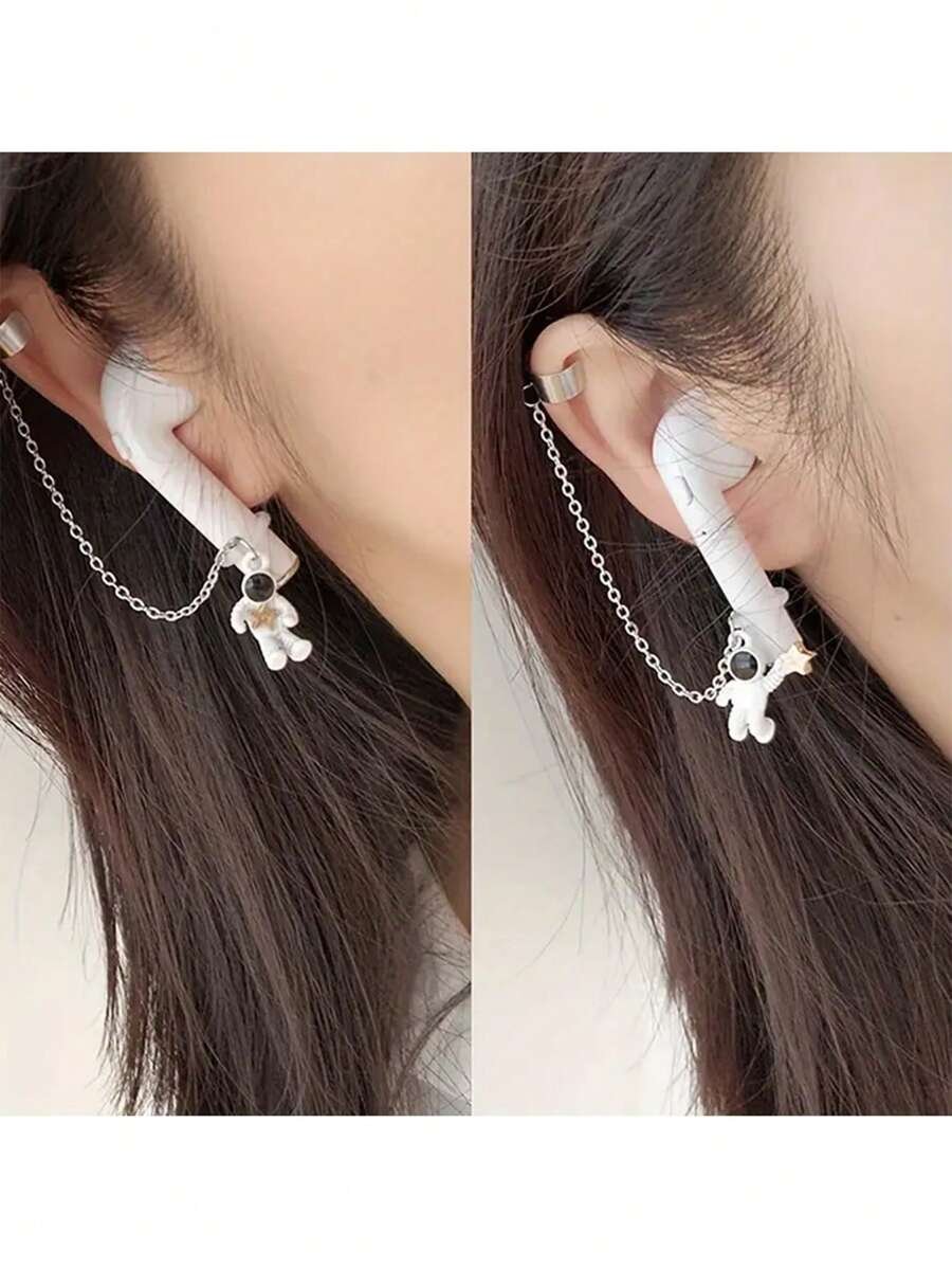 2 piezas de ganchos de oreja con diseño de astronauta a la moda, adecuados para auriculares inalámbricos Bluetooth, con cadenas antiperdidasparalos aretes - Imagen 4