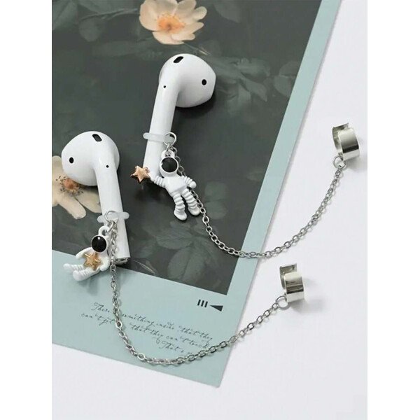 2 piezas de ganchos de oreja con diseño de astronauta a la moda, adecuados para auriculares inalámbricos Bluetooth, con cadenas antiperdidasparalos aretes - Imagen 5