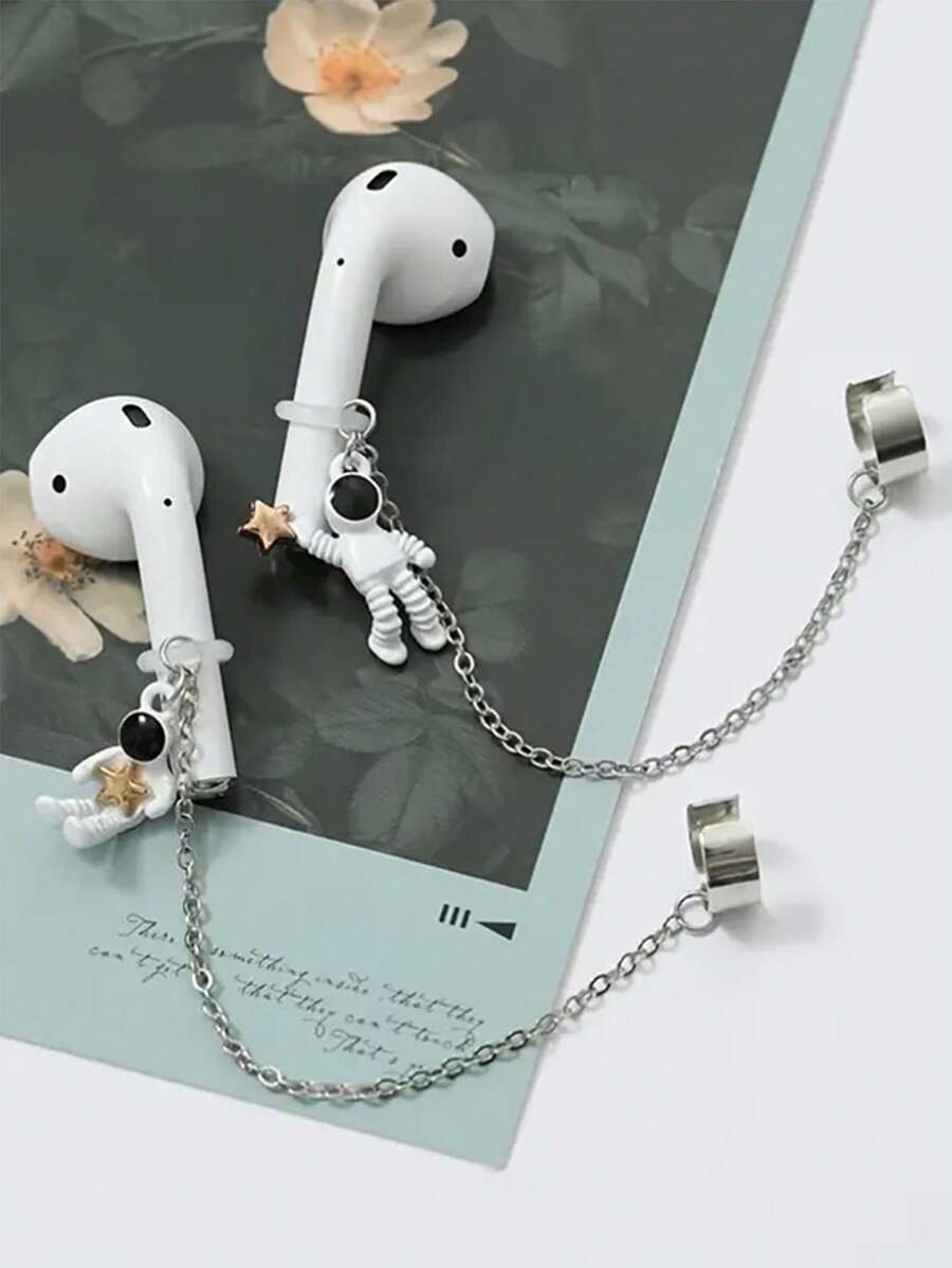 2 piezas de ganchos de oreja con diseño de astronauta a la moda, adecuados para auriculares inalámbricos Bluetooth, con cadenas antiperdidasparalos aretes - Imagen 5