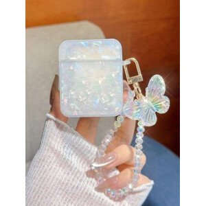 Estuche de auriculares cuadrado colorido con cadena de cristal iridiscente con mariposa