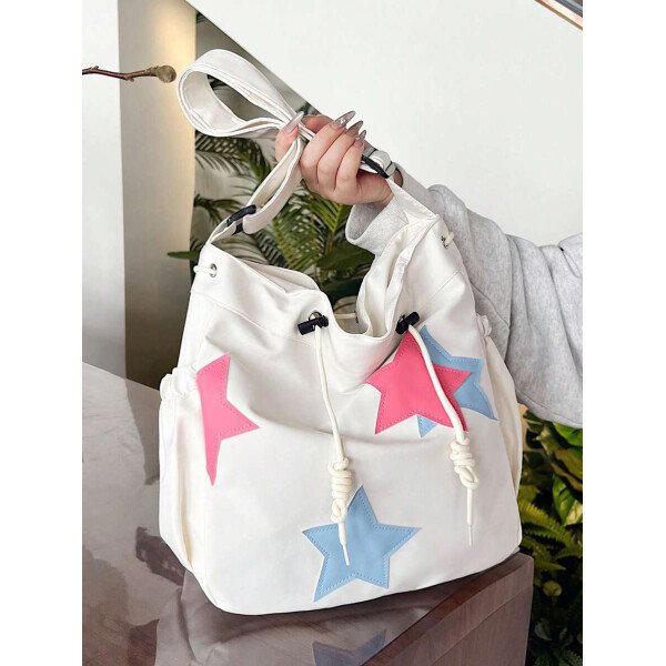 Bolsa de lona grande con decoración de estrella de 5 puntas sólida de nailon de nueva llegada para primavera/verano. Bolso de hombro y bandolera para mujeres, estudiantes y universitarias. Bolsa escolar, bolso escolar, bolsa de libros, impermeable, ligera, plegable, clásica y casual, adecuada para adolescentes, mujeres y estudiantes universitarias, perfecta para volver al colegio, primer día de clases, conciertos - Imagen 2