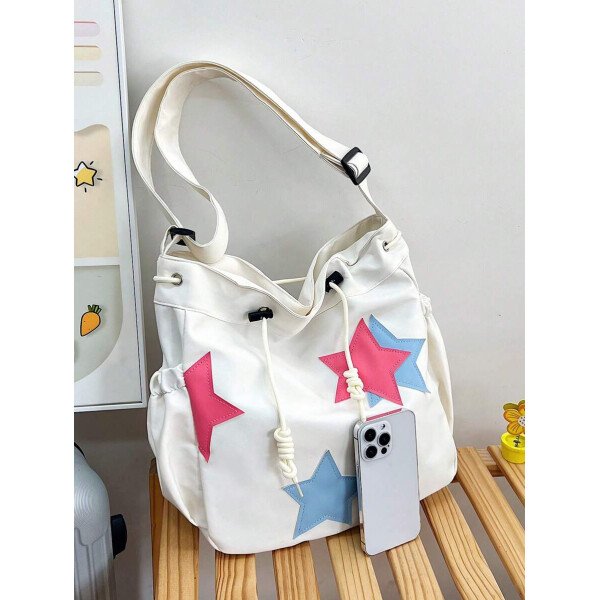 Bolsa de lona grande con decoración de estrella de 5 puntas sólida de nailon de nueva llegada para primavera/verano. Bolso de hombro y bandolera para mujeres, estudiantes y universitarias. Bolsa escolar, bolso escolar, bolsa de libros, impermeable, ligera, plegable, clásica y casual, adecuada para adolescentes, mujeres y estudiantes universitarias, perfecta para volver al colegio, primer día de clases, conciertos - Imagen 4
