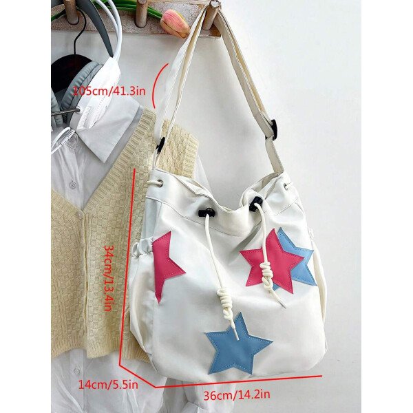 Bolsa de lona grande con decoración de estrella de 5 puntas sólida de nailon de nueva llegada para primavera/verano. Bolso de hombro y bandolera para mujeres, estudiantes y universitarias. Bolsa escolar, bolso escolar, bolsa de libros, impermeable, ligera, plegable, clásica y casual, adecuada para adolescentes, mujeres y estudiantes universitarias, perfecta para volver al colegio, primer día de clases, conciertos - Imagen 7