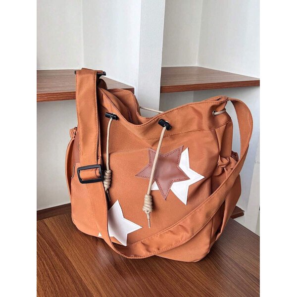 Bolsa de lona grande con decoración de estrella de 5 puntas sólida de nailon de nueva llegada para primavera/verano. Bolso de hombro y bandolera para mujeres, estudiantes y universitarias. Bolsa escolar, bolso escolar, bolsa de libros, impermeable, ligera, plegable, clásica y casual, adecuada para adolescentes, mujeres y estudiantes universitarias, perfecta para volver al colegio, primer día de clases, conciertos - Imagen 9