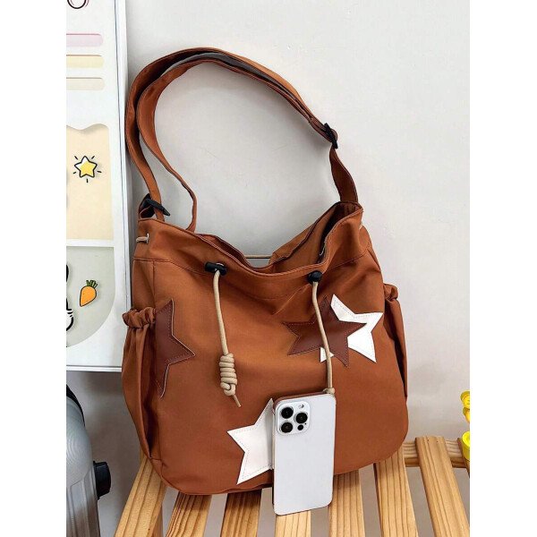 Bolsa de lona grande con decoración de estrella de 5 puntas sólida de nailon de nueva llegada para primavera/verano. Bolso de hombro y bandolera para mujeres, estudiantes y universitarias. Bolsa escolar, bolso escolar, bolsa de libros, impermeable, ligera, plegable, clásica y casual, adecuada para adolescentes, mujeres y estudiantes universitarias, perfecta para volver al colegio, primer día de clases, conciertos - Imagen 10