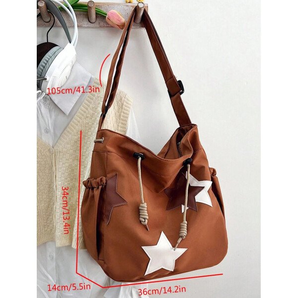 Bolsa de lona grande con decoración de estrella de 5 puntas sólida de nailon de nueva llegada para primavera/verano. Bolso de hombro y bandolera para mujeres, estudiantes y universitarias. Bolsa escolar, bolso escolar, bolsa de libros, impermeable, ligera, plegable, clásica y casual, adecuada para adolescentes, mujeres y estudiantes universitarias, perfecta para volver al colegio, primer día de clases, conciertos - Imagen 13