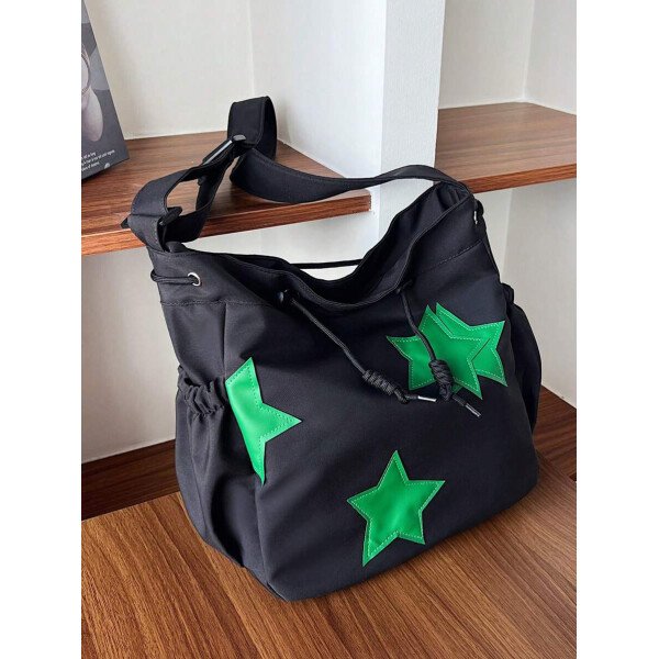 Bolsa de lona grande con decoración de estrella de 5 puntas sólida de nailon de nueva llegada para primavera/verano. Bolso de hombro y bandolera para mujeres, estudiantes y universitarias. Bolsa escolar, bolso escolar, bolsa de libros, impermeable, ligera, plegable, clásica y casual, adecuada para adolescentes, mujeres y estudiantes universitarias, perfecta para volver al colegio, primer día de clases, conciertos - Imagen 14