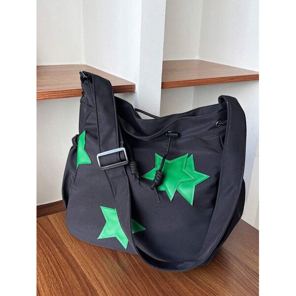 Bolsa de lona grande con decoración de estrella de 5 puntas sólida de nailon de nueva llegada para primavera/verano. Bolso de hombro y bandolera para mujeres, estudiantes y universitarias. Bolsa escolar, bolso escolar, bolsa de libros, impermeable, ligera, plegable, clásica y casual, adecuada para adolescentes, mujeres y estudiantes universitarias, perfecta para volver al colegio, primer día de clases, conciertos - Imagen 15