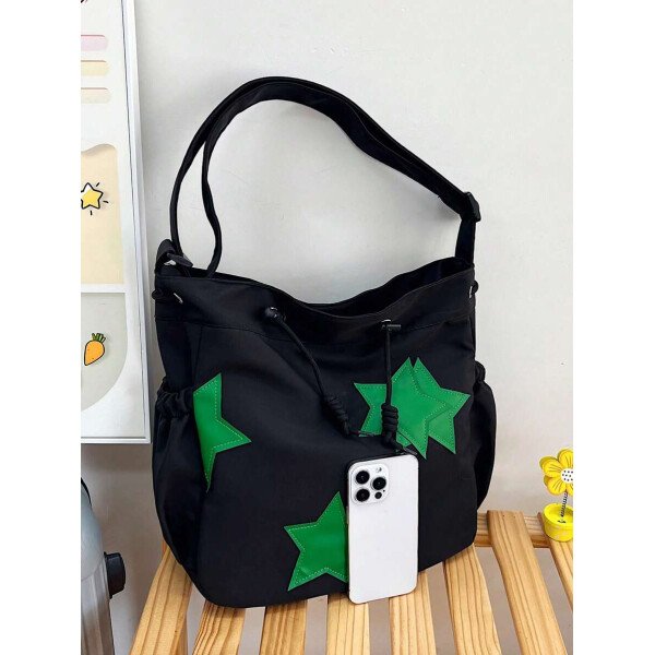 Bolsa de lona grande con decoración de estrella de 5 puntas sólida de nailon de nueva llegada para primavera/verano. Bolso de hombro y bandolera para mujeres, estudiantes y universitarias. Bolsa escolar, bolso escolar, bolsa de libros, impermeable, ligera, plegable, clásica y casual, adecuada para adolescentes, mujeres y estudiantes universitarias, perfecta para volver al colegio, primer día de clases, conciertos - Imagen 16