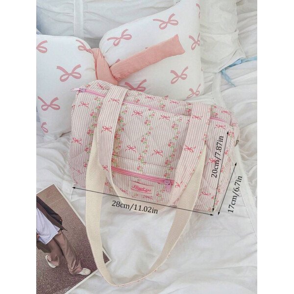 Bolso de viaje con estampado floral y lazo con volantes, bolso de viaje para niñas, bolso de fin de semana para niñas, bolso de hombro para mujer, bolso de yoga, bolso deportivo, bolso de fin de semana para niñas, bolso de lona acolchado con cremallera adecuado para damas y niñas, regalo para el Día de San Valentín, bolso de regalo de Año Nuevo, accesorios escolares, artículos escolares, artículos de viaje, vacaciones, bolso de lona, equipaje, bolso de viaje para mujeres - Imagen 10