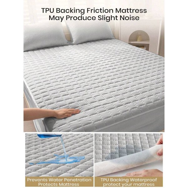 Sábana bajera impermeable, funda de colchón hipoalergénica, suave y cómoda para dormitorio, para todas las estaciones, sábana bajera ajustable de 30 cm de profundidad, transpirable, acolchada, con diseño de celosía cuadrada, para todas las tallas Queen, King y Twin, funda protectora de colchón de color liso, antipolvo, cómoda y lavable a máquina. - Imagen 8