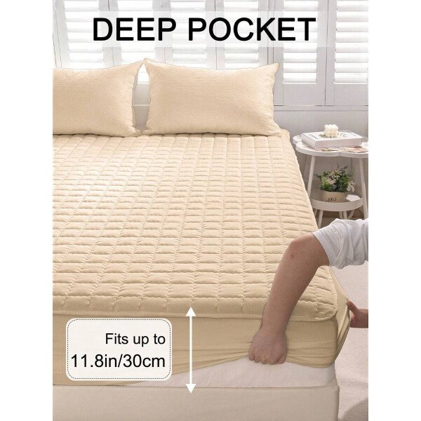 Sábana bajera impermeable, funda de colchón hipoalergénica, suave y cómoda para dormitorio, para todas las estaciones, sábana bajera ajustable de 30 cm de profundidad, transpirable, acolchada, con diseño de celosía cuadrada, para todas las tallas Queen, King y Twin, funda protectora de colchón de color liso, antipolvo, cómoda y lavable a máquina. - Imagen 13