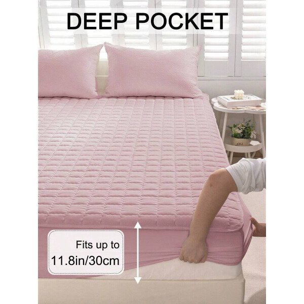 Sábana bajera impermeable, funda de colchón hipoalergénica, suave y cómoda para dormitorio, para todas las estaciones, sábana bajera ajustable de 30 cm de profundidad, transpirable, acolchada, con diseño de celosía cuadrada, para todas las tallas Queen, King y Twin, funda protectora de colchón de color liso, antipolvo, cómoda y lavable a máquina. - Imagen 21