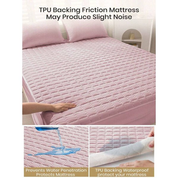 Sábana bajera impermeable, funda de colchón hipoalergénica, suave y cómoda para dormitorio, para todas las estaciones, sábana bajera ajustable de 30 cm de profundidad, transpirable, acolchada, con diseño de celosía cuadrada, para todas las tallas Queen, King y Twin, funda protectora de colchón de color liso, antipolvo, cómoda y lavable a máquina. - Imagen 24